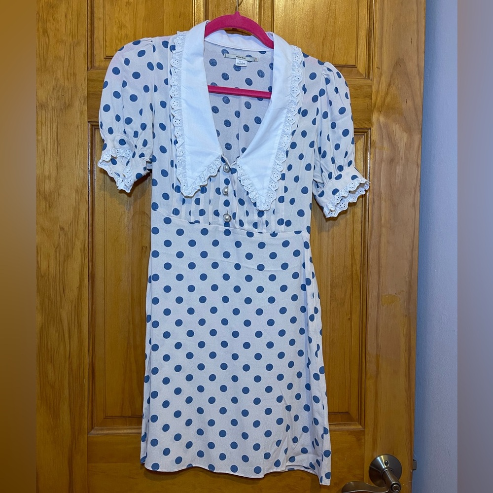 Urban Outfitters, Kimchi Blue, Cream and Blue Polka Dot Mini Dress - Picture 5 of 7